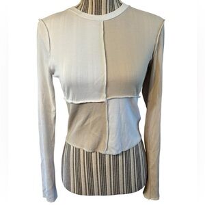 Fitz + Eddi Crop Top Large 2-Tone Colorblock Long Sleeve Beige & White Y2K Vibe